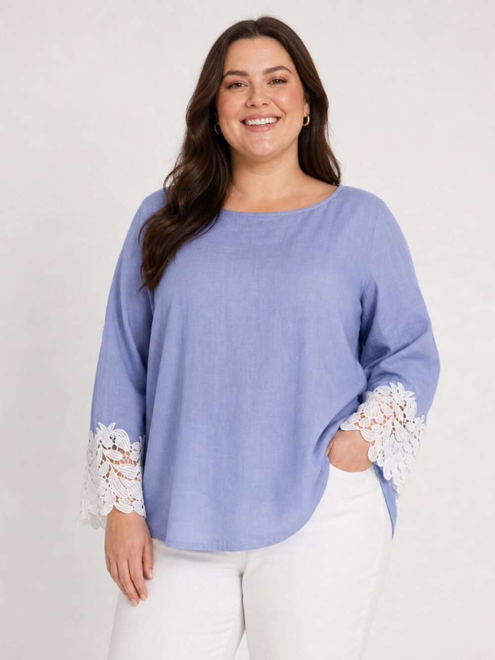Blue Lace 3/4 Sleeve Cotton Tunic Top L Boho Cottage Casual Cotton